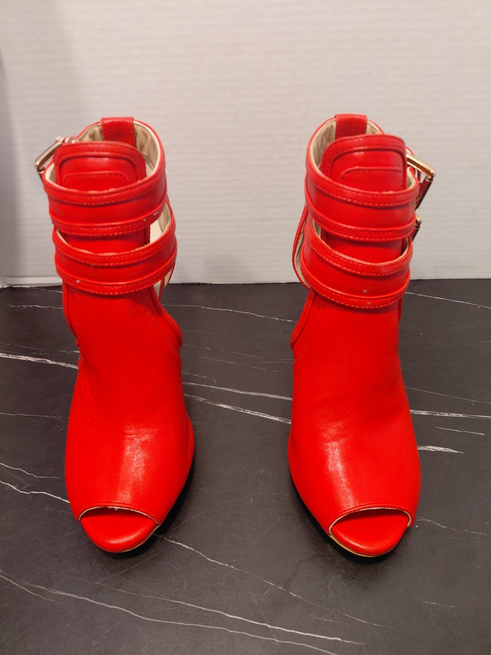 XYD Red Peep-Toe Ankle Heels with Double Strap Buckles